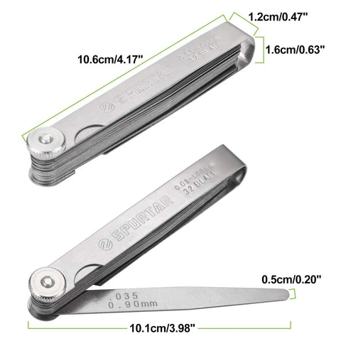 Feeler Gauge Set 0.001-0.04 Inch 32 Blades Stainless Steel Dual Marked SAE And Metric For Gap Thickness Or Width Measuring Spark Plug Valve Piston Guitar Maintenance, showing stainless steel blades in compact design.