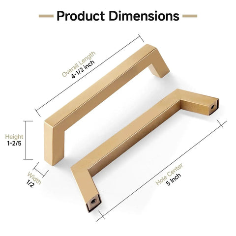 30 Pack 5 Inch Champagne Bronze Cabinet Handles Modern Square Gold Cabinet Pulls for Cabinets and Drawers with 128 Millimeter Hole Centers Durable Zinc Alloy Construction and Easy Installation for Kitchen Cabinets and Furniture showing product dimensions.