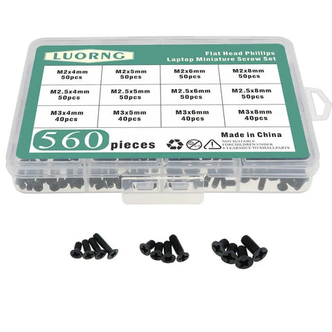 Beefy 560 Piece Black Carbon Steel Laptop Screw Set For Dell Samsung HP Sony Laptops M2 M2.5 M3 Kit in labeled case