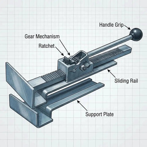 Diagram of a Hardwood Flooring Jack And Positioning Tool With Ratchet For Straight Install showing gear mechanism and handle grip