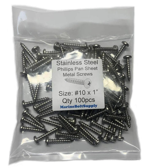 No 10 X 1 Stainless Steel Pan Head Sheet Metal Screws Full Thread Phillips Drive Bright Finish Self Tapping 100 Count