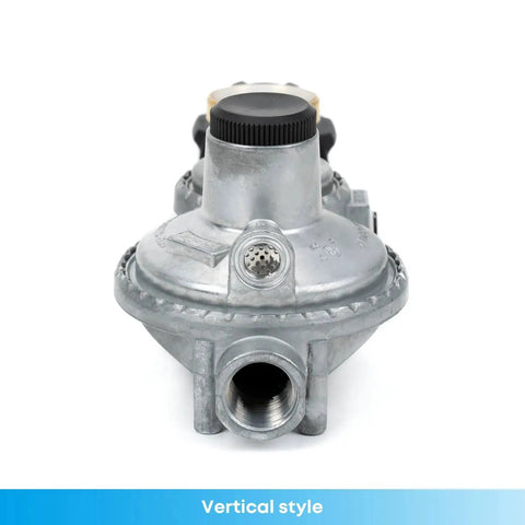 Front view of Two Stage Propane Regulator With Gauge For RVs Vans And Trailers, Vertical Style With POL Tank Connection showing outlet