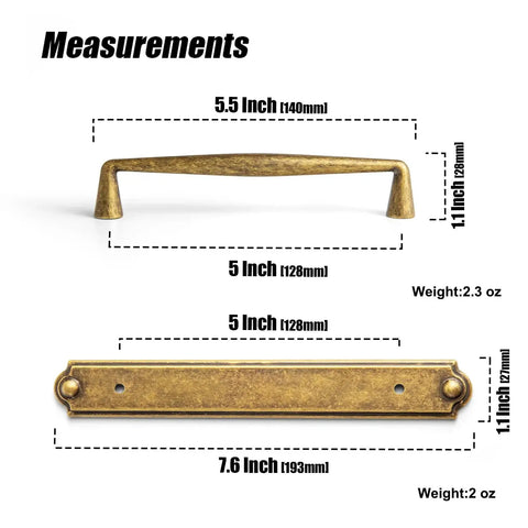 Measurements of Antique Brass Zinc Alloy Cabinet Handle With Backplate 5 Inch Center To Center 128mm Hole Cabinet Pull