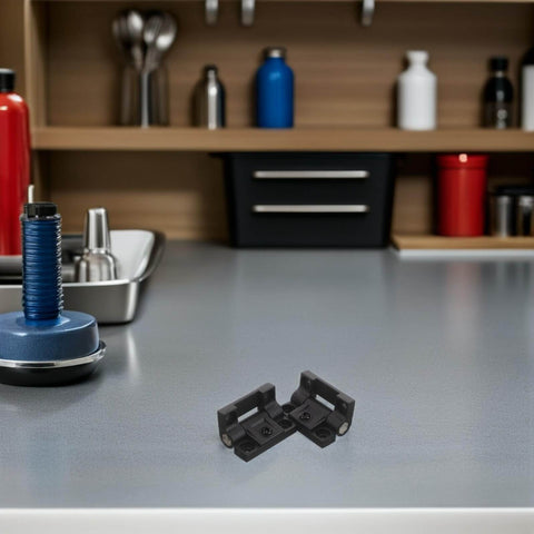 Plastic Folding Cabinet Door Hinges OSALADI 90 Degree Right Angle Torque Positioning in kitchen setting, black plastic