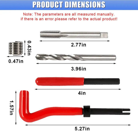 Dimensions of 30Pcs M6 x 1.0mm Thread Repair Inserts Kit For Auto Repair with Helicoil, tap, drill bit, and wrench