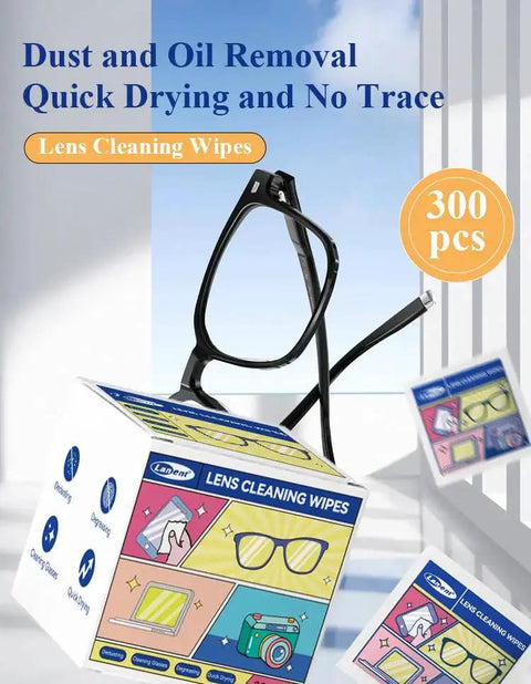 Image of a 300-count pack of individually wrapped lens wipes for glasses and sunglasses with box and casual glasses