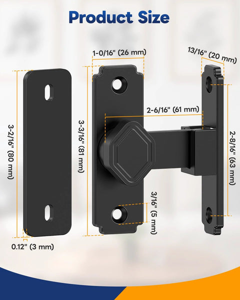 Built Tough Aluminum Pocket Door Lock With 90 Degree Flip Latch for barn doors showing dimensions and hardware pieces.
