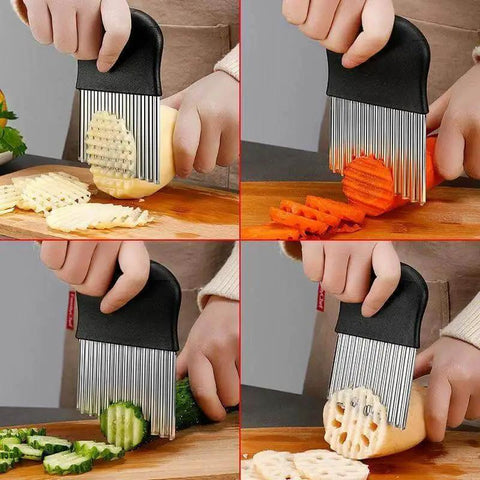 Stainless Steel Crinkle Fry Cutter With Handle For French Fries And Potatoes Large Wavy Potato Slicer For Home Kitchen Safe Durable Cutter Tool For Vegetables And Chips Easy Grip Grater Masher shown in use slicing various vegetables on a cutting board.