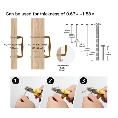 Installation guide for 10 Pack Antique Brass Cabinet Pulls with 3 Inch Hole Center, showing suitable thickness and screw sizes.