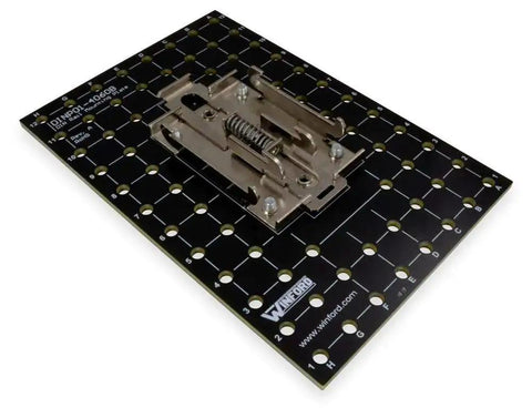 Rack Ready DIN Rail Universal Mounting Plate 4 Inch By 6 Inch With 68 Pre Drilled Holes Clips Onto 35 mm Rail Steel Bracket RoHS Compliant