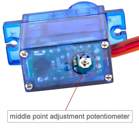 Close-up of DIYmalls FS90R micro servo with blue translucent housing; mid-potentiometer on PCB (2-pack)