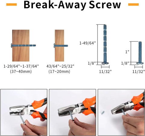 Illustration showing how to use break-away screw with pliers, perfect for adjusting 10 Pack 3 Inch Matte Black Cabinet Handles.