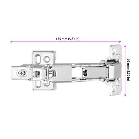 Six Pack 165 Degree Full Overlay Cabinet Door Hinges With Soft Close No Slam Concealed For Corner Cabinets And Lazy Susan Storage Durable Cold Rolled Steel Heavy Duty Mounting For Cupboards, front view with dimensions