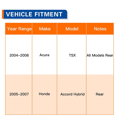 Vehicle fitment chart for Rear Wheel Hub And Bearing Assembly Pair 512327 showing compatibility with Acura TSX and Honda Accord Hybrid.