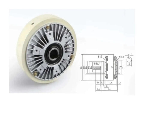 Magnetic Powder Brake With Hollow Shaft For Smooth Unwind And Tension Control, 12Nm Torque, 24V DC, showing product and schematic.