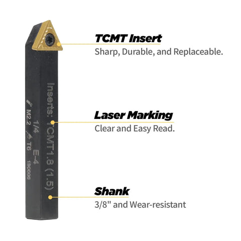 Quarter Inch Indexable Turning Tool Set With TCMT Carbide Inserts, Five Pieces, Budget Friendly Metal Lathe Tools For Precision Turning, Replaceable Inserts To Cut Tooling Costs, Clear Markings For Insert Numbers And Accessories, showing a single tool with laser-etched markings and a TCMT insert.