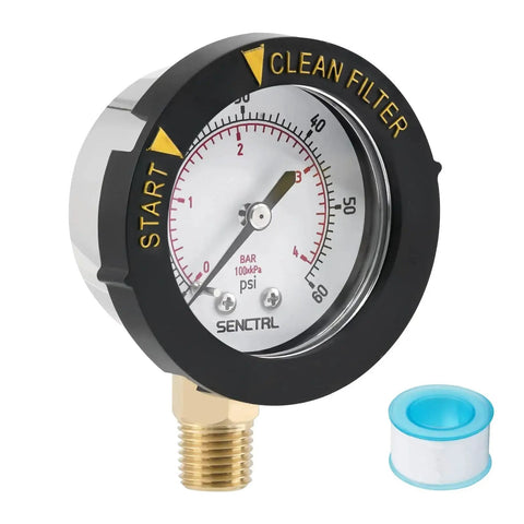 Heavy Duty 0 To 60 Psi Pool Filter Pressure Gauge With 2 Inch Dial And One Quarter Inch NPT Lower Mount Stainless Steel Case IP67 Waterproof Clean Filter Indicator For Swimming Pool Spa Aquarium Water Pump And Pressure Test SENCTRL