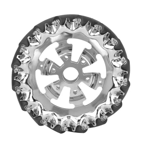 Front view of Six Inch Mecanum Wheel Right With Thirty Five Kilogram Load Omni Wheel With Sixteen TPU Rubber Rollers for industrial robots.