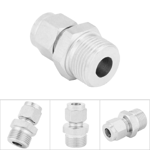 304 stainless steel pipe fitting double ferrule joint connector with M20×1.5 thread and 8 mm bore.

Side view: 304 stainless steel pipe fitting with external threads and hex nut.

Vertical view of stainless steel tube adapter with hex nut and threaded ends.

Angled view of stainless steel connector showing male threads and hex nut.