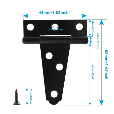 Front view of 6 Pack Tee Hinge 2 Inch Heavy Duty T Strap Hinges Black For Barn Doors Gates Sheds Wooden Fences with screw detail