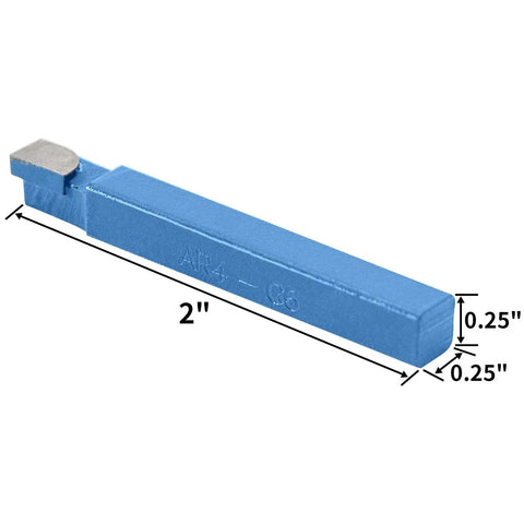 Metal Lathe Tooling Set With Ten Carbide Tip Cutters For Precision Turning Boring And Chamfering On Metal Lathe One Quarter Inch Shank Ten Piece C6 Bit Cutter Set AR4C6 AL4C6 BR4C6 BL4C6 C4C6 E4C6 PNBO, showing a close-up of a blue carbide cutter with dimensions marked.