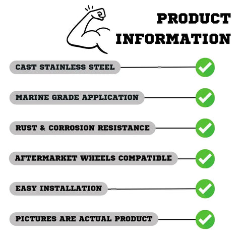 Product information list highlighting features like cast stainless steel, rust resistance, and aftermarket wheel compatibility.