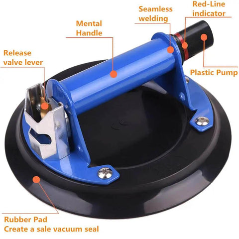 Heavy Duty Vacuum Lifter with 8-inch suction cup and metal handle, featuring a double cylinder vacuum pump for lifting up to 300 lbs