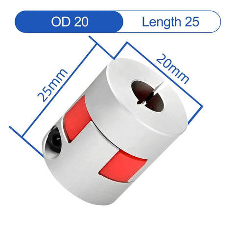 D20 X L25 Aluminum Plum Shaft Coupling 6Mm To 8Mm Bore Flexible Connector with dimensions shown, ideal for CNC and 3D printing.