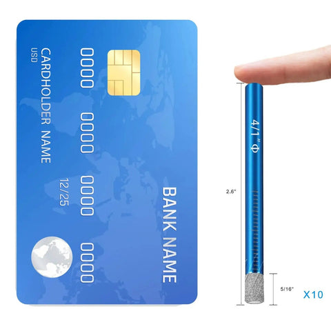 Ten Piece Dry Diamond Drill Bits Set With One Quarter Inch Shank For Ceramic Tile Granite Marble Glass Concrete And Masonry Drilling shown next to a credit card for scale.