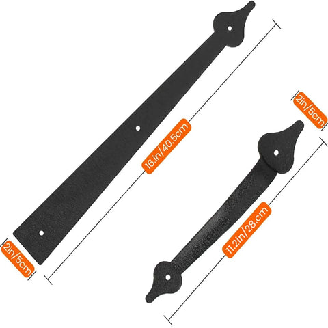 Decorative Garage Door Hinges And Handles Hardware Kit In Black Spear Style, showing size dimensions for exterior use hardware