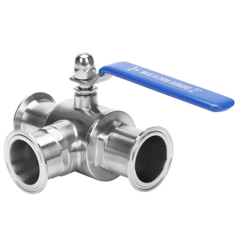 DERNORD 2-inch Tri Clamp Sanitary Ball Valve, stainless steel 304, PTFE lined, 3-way T-port, blue handle, 2" tube OD