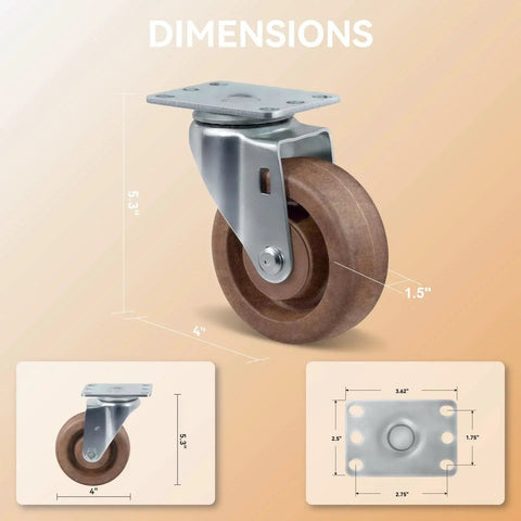 Dimensions of Heavy Duty 4 Inch Hi Temp Glass Filled Nylon Caster Wheels Set of 4 for Commercial Kitchen and Bakery Use, CWfutureparts.