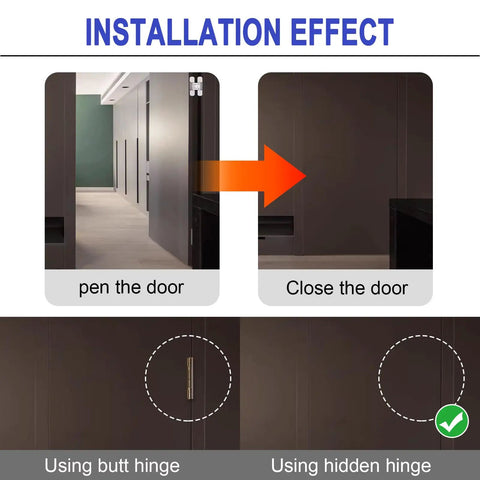 Installation effect of Hidden Door Hinges 6 Inch Heavy Duty Concealed Invisible 3 Way Adjustable 180 Degree Gold Two Pack