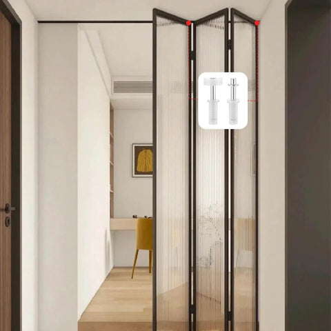 8 Piece Spring Loaded BiFold Door Hardware Kit With Top Roller Guides And Pivot Wheels for BiFold Closet Doors installed view