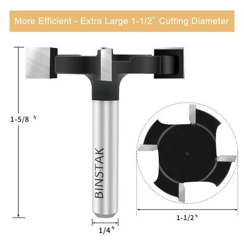 CNC Spoilboard Surfacing Router Bit, One Quarter Inch Shank, Pro Grade Extra Large One And One Half Inch Cutting Diameter, Slab Flattening And Planing Bit For Wood, Carbide Four Wing Cutter With Anti Kickback Design shown with black cutting head and silver shank.