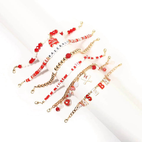 Red and white Six Piece Baseball Trucker Hat Chains for Women and Men Detachable DIY Hat Jewelry Beaded Charms Style D displayed on white surface.
