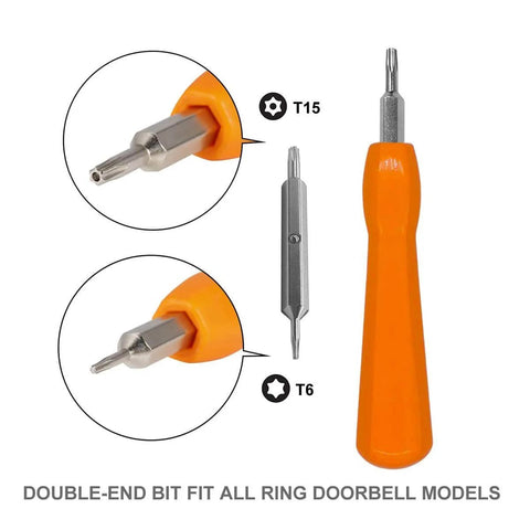 Orange screwdriver with double head Torx T6 T15 for Ring Video Doorbell systems including Doorbell 2 Pro and Elite battery change replacement and wifi password reset access