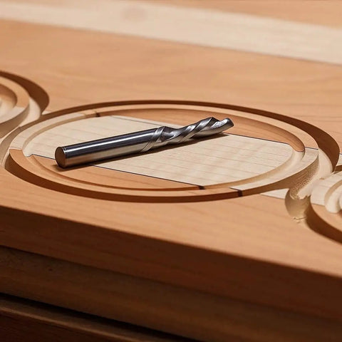 Close-up of a circle cut in wood using Circle Cutting Router Jig With Pro Grade Precision For Making Perfect Circles From Two And A Quarter Inches To Eighteen And One Sixteenth Inches In One Sixteenth Inch Increments 256 Circle Sizes Industrial Grade Polycarbonate Lifetime Guarantee, drill bit on top.