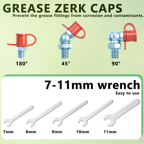 Grease fittings assortment with red caps, SAE and metric zerk fittings in 180, 45 and 90 degree angles; includes 7-11 mm wrenches.