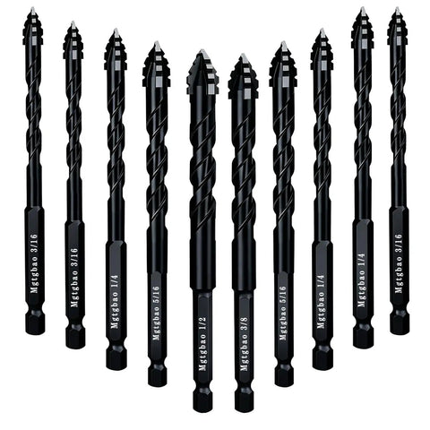 10 Piece Black Upgraded 4 Flute Serrated Carbide Masonry Drill Bit Set For Concrete Brick Tile Marble Wood Glass Plastic Cement Three Sixteenths To One Half Inch Range With Serrated Design For Fast Drilling Pro Grade Heavy Duty on white background