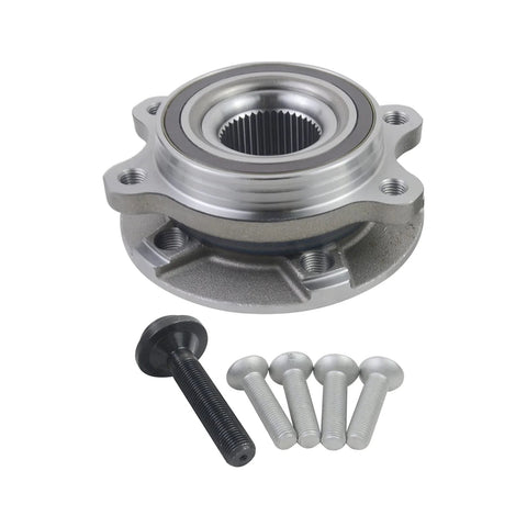 Front And Rear Wheel Hub And Bearing Assembly Replacement Kit For 2009-2015 Audi A4 A5 A6 A7 A8 Quattro All Wheel Drive With Q5 SQ5 S4 S5 S6 S7 S8 Premium OEM Grade Quality Part BR930817, showing metal hub assembly with bolts.