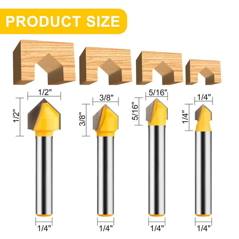 90 Degree V Groove Router Bit Set With One Quarter Inch Shank For DIYers And CNC Engraving Includes Four Cut Diameters