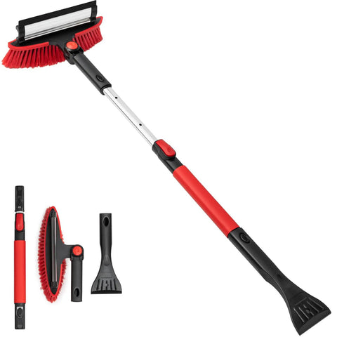 Heavy Duty Car Snow Brush Ice Scraper With Squeegee And Extendable 40 Inch Handle CGACOL for fast snow removal, red, showing brush and scraper components.