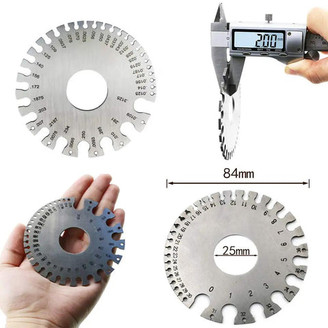 2 Pack Stainless Steel Welding Gauge Kit for Sheet and Wire Thickness - Dual-Sided Round Wire Gauge 0-36 AWG and SAE, Cable and Metal Sheet Gauge, Workhorse Precision Measurement Tool held in hand and measured with digital caliper.