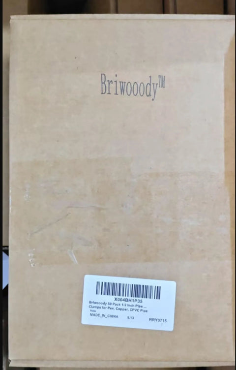 Briwoody 50-pack 1/2 in PEX pipe clamps, butterfly style, black, shown on a cardboard box