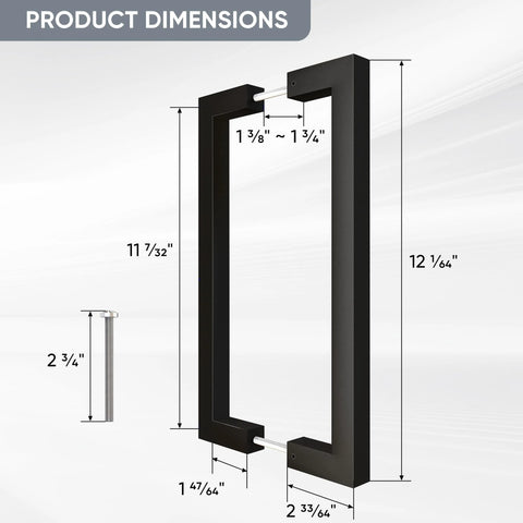 Diagram of 12 Inch Matte Black Push Pull Bar Handle For Sliding Barn Doors And Garages, Heavy Duty Double Sided Door Hardware with dimensions.