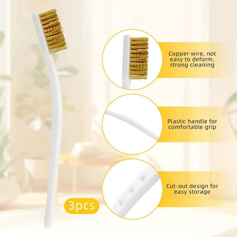 Pro Grade Three Pack Brass Wire Brush Set For 3D Printer Nozzle Cleaning, showing curved handle and brass bristles