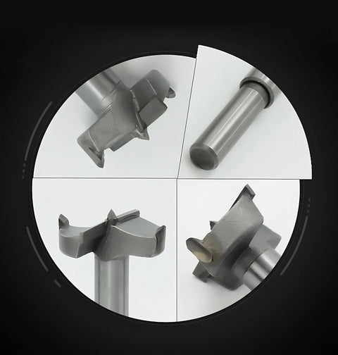 Close-up views of Forstner Drill Bit Set 15 To 35mm, 16 Pcs Pro Grade Tungsten Carbide Bits For Woodworking, showing flat wing design.