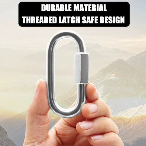 Hand holding Two Pack M8 5 16 Inch Heavy Duty Stainless Steel Quick Link Carabiners with threaded latch against mountain background.