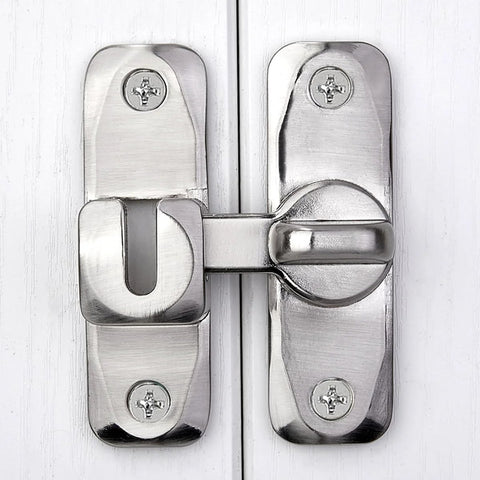 Close-up of silvery zinc alloy right angle door latch for cabinets, part of Two Pack Silvery 90 And 180 Degree Barn Door Lock
